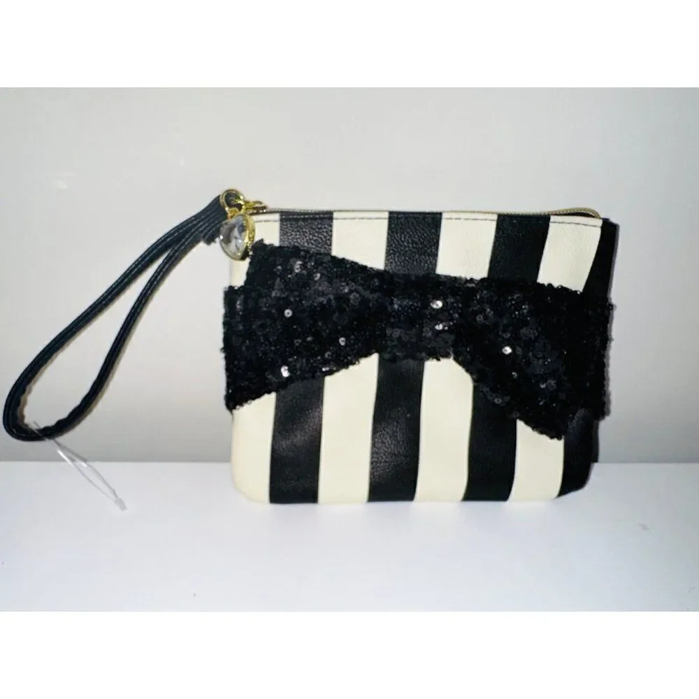 Betsy Johnson Black White Stripe Sequins Wristlet‎